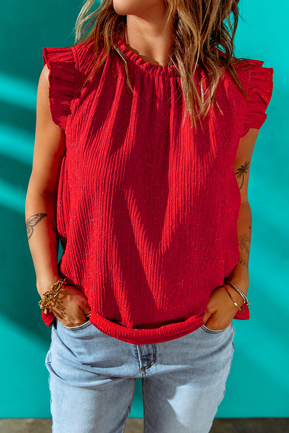 Fiery Red Ruffled Ribbed Top