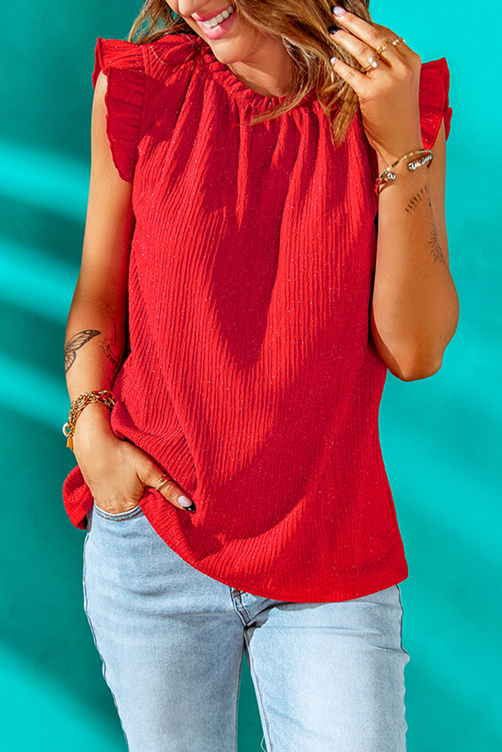 Fiery Red Ruffled Ribbed Top