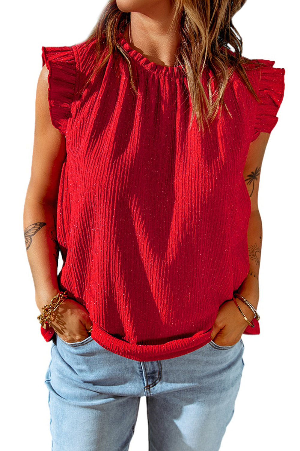 Fiery Red Ruffled Ribbed Top