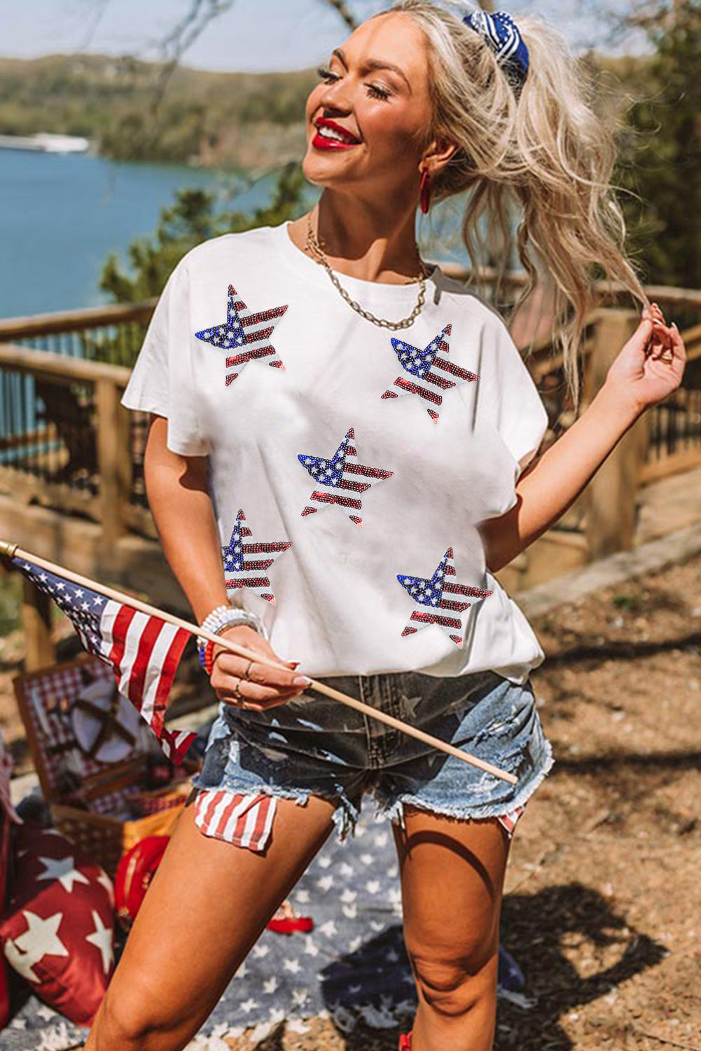 White Sequined American Flag Star Graphic Tee