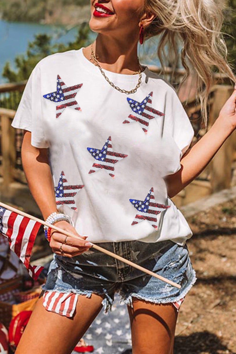 White Sequined American Flag Star Graphic Tee