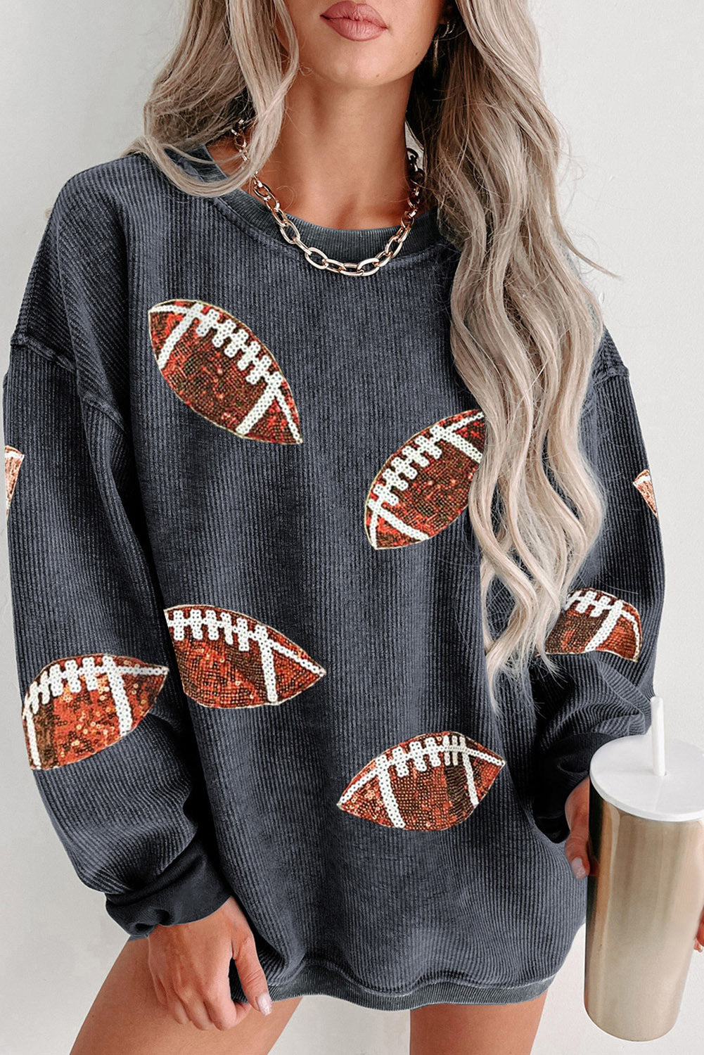 Gray Sequin Football Sweatshirt