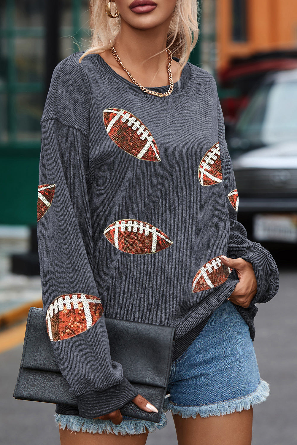 Gray Sequin Football Sweatshirt