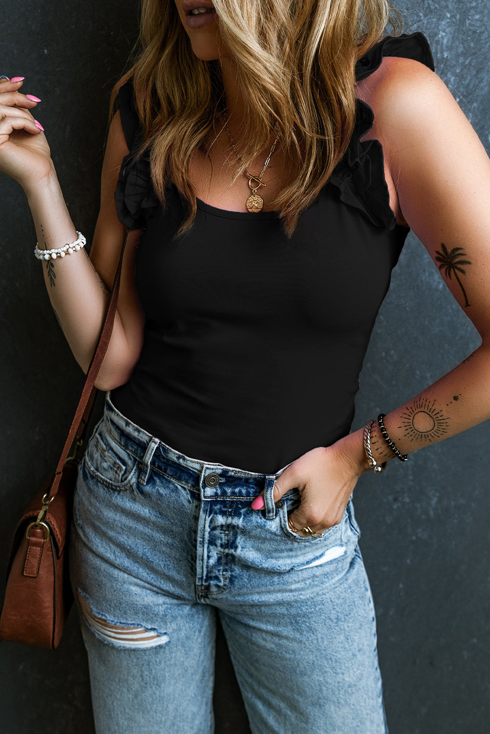 Black Ruffled Strap Tank