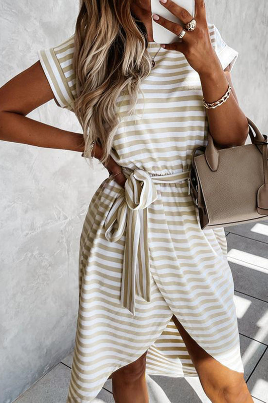 Khaki Stripe Wrap T-Shirt Dress