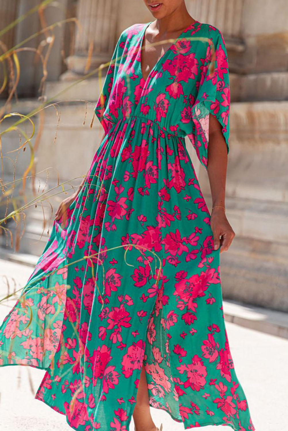 Sea Green Printed Short Sleeve Split Flared Maxi Dress