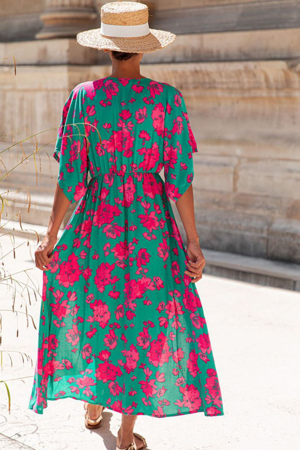 Sea Green Printed Short Sleeve Split Flared Maxi Dress