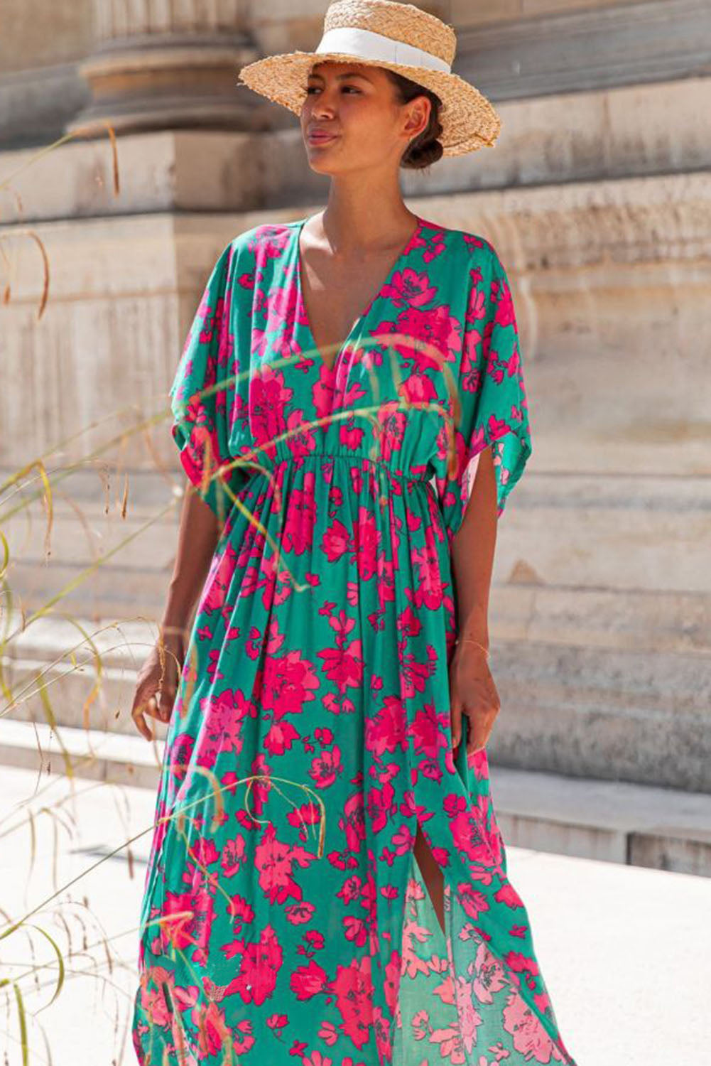 Sea Green Printed Short Sleeve Split Flared Maxi Dress