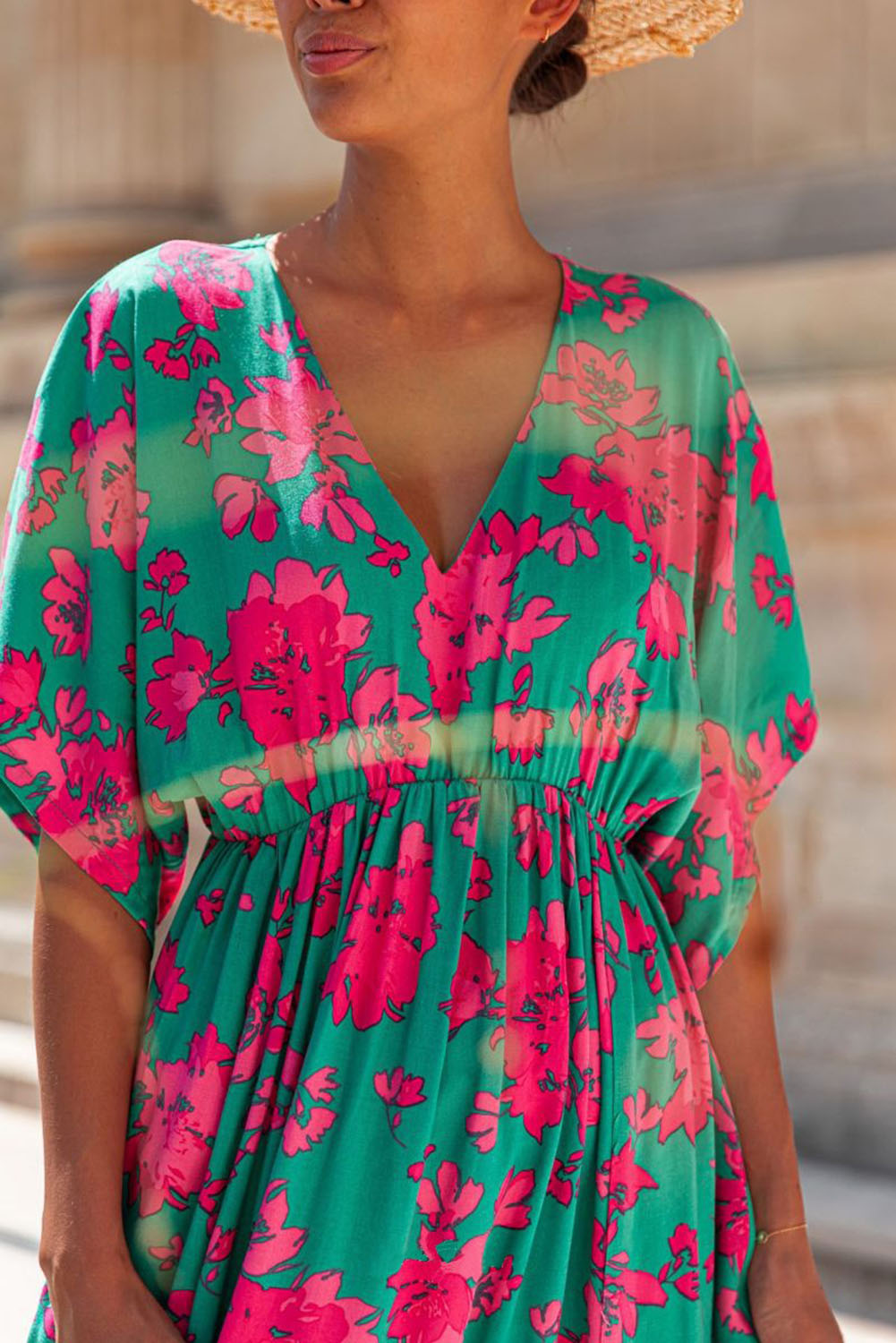 Sea Green Printed Short Sleeve Split Flared Maxi Dress