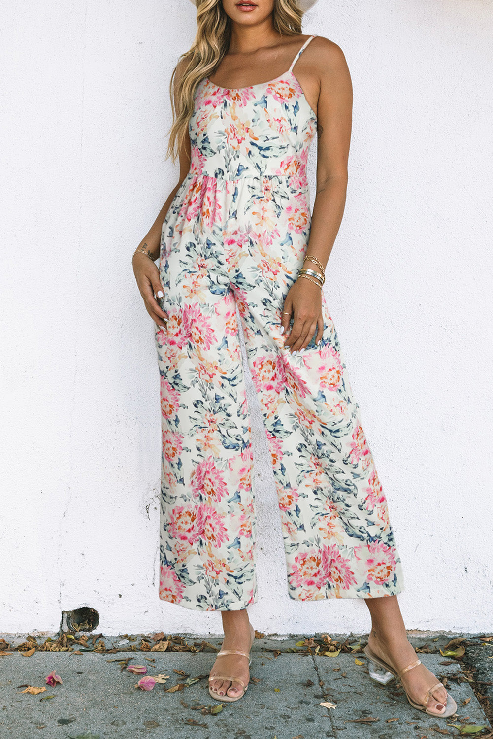 White Floral Spaghetti Straps Wide Leg Jumper