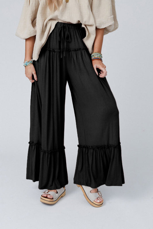 Black Drawstring High Waist Wide Leg Pants