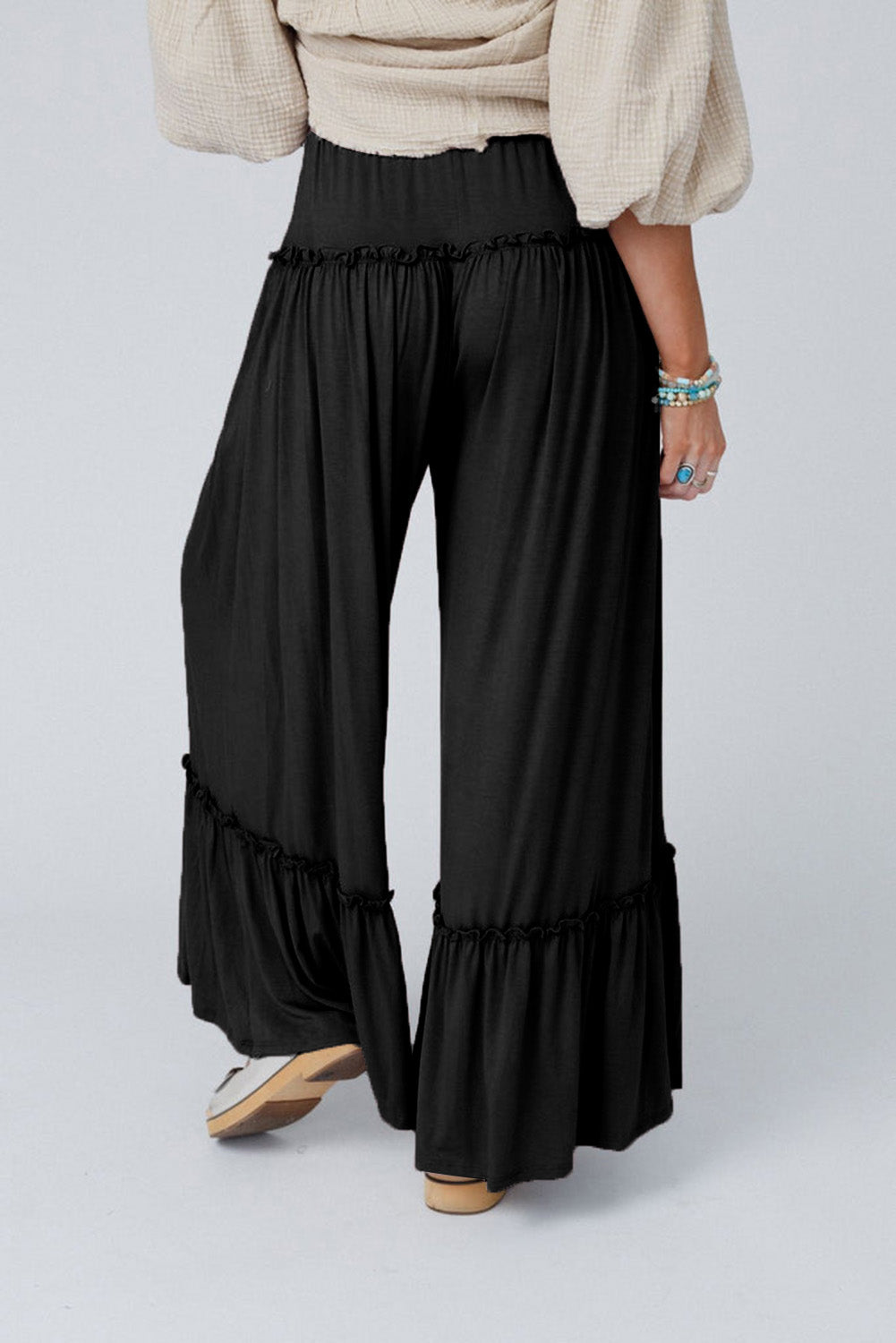 Black Drawstring High Waist Wide Leg Pants