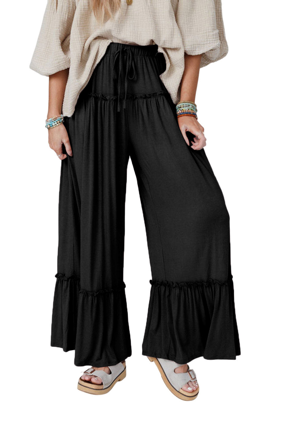 Black Drawstring High Waist Wide Leg Pants